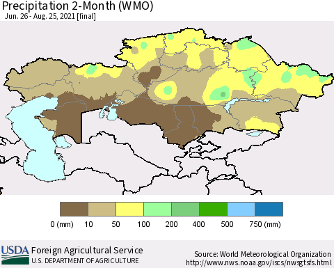 Kazakhstan Precipitation 2-Month (WMO) Thematic Map For 6/26/2021 - 8/25/2021