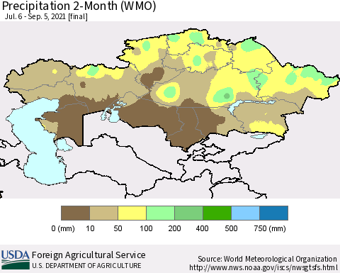 Kazakhstan Precipitation 2-Month (WMO) Thematic Map For 7/6/2021 - 9/5/2021