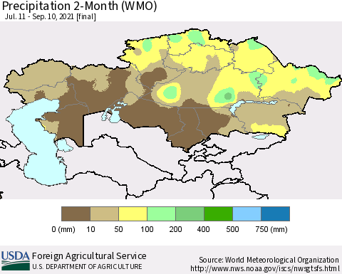 Kazakhstan Precipitation 2-Month (WMO) Thematic Map For 7/11/2021 - 9/10/2021