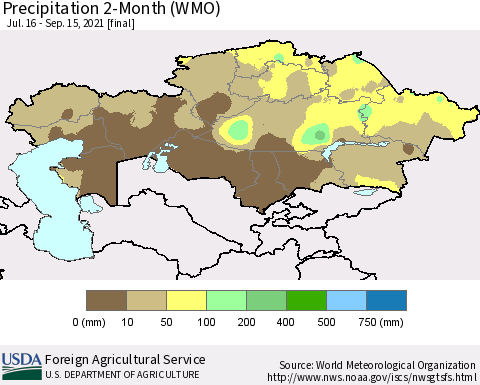 Kazakhstan Precipitation 2-Month (WMO) Thematic Map For 7/16/2021 - 9/15/2021