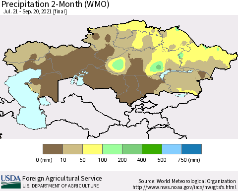 Kazakhstan Precipitation 2-Month (WMO) Thematic Map For 7/21/2021 - 9/20/2021