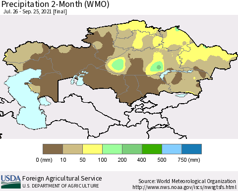 Kazakhstan Precipitation 2-Month (WMO) Thematic Map For 7/26/2021 - 9/25/2021