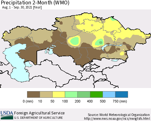 Kazakhstan Precipitation 2-Month (WMO) Thematic Map For 8/1/2021 - 9/30/2021