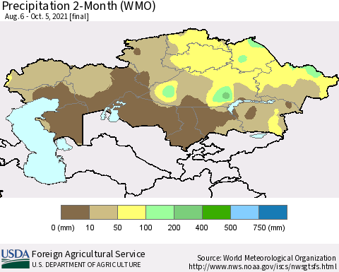 Kazakhstan Precipitation 2-Month (WMO) Thematic Map For 8/6/2021 - 10/5/2021