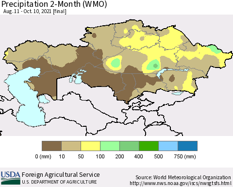 Kazakhstan Precipitation 2-Month (WMO) Thematic Map For 8/11/2021 - 10/10/2021