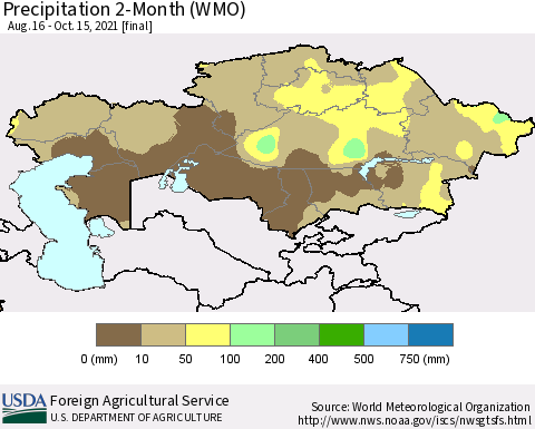 Kazakhstan Precipitation 2-Month (WMO) Thematic Map For 8/16/2021 - 10/15/2021