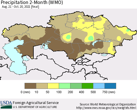 Kazakhstan Precipitation 2-Month (WMO) Thematic Map For 8/21/2021 - 10/20/2021