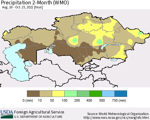 Kazakhstan Precipitation 2-Month (WMO) Thematic Map For 8/26/2021 - 10/25/2021
