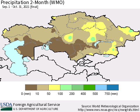Kazakhstan Precipitation 2-Month (WMO) Thematic Map For 9/1/2021 - 10/31/2021
