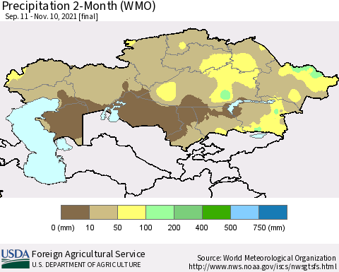 Kazakhstan Precipitation 2-Month (WMO) Thematic Map For 9/11/2021 - 11/10/2021