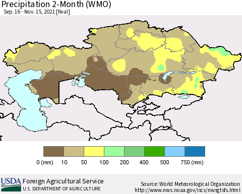 Kazakhstan Precipitation 2-Month (WMO) Thematic Map For 9/16/2021 - 11/15/2021