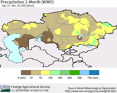 Kazakhstan Precipitation 2-Month (WMO) Thematic Map For 9/21/2021 - 11/20/2021