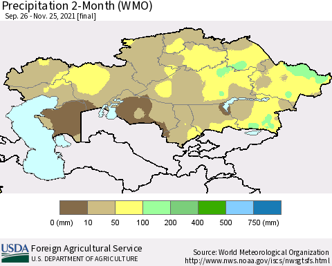 Kazakhstan Precipitation 2-Month (WMO) Thematic Map For 9/26/2021 - 11/25/2021