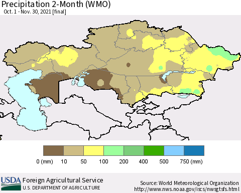 Kazakhstan Precipitation 2-Month (WMO) Thematic Map For 10/1/2021 - 11/30/2021