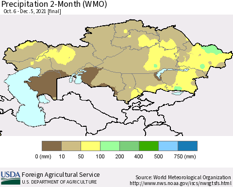 Kazakhstan Precipitation 2-Month (WMO) Thematic Map For 10/6/2021 - 12/5/2021