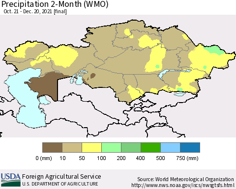 Kazakhstan Precipitation 2-Month (WMO) Thematic Map For 10/21/2021 - 12/20/2021