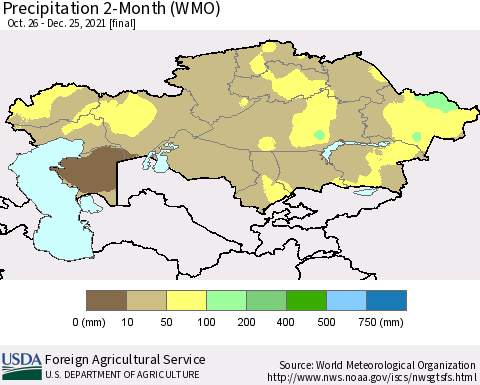 Kazakhstan Precipitation 2-Month (WMO) Thematic Map For 10/26/2021 - 12/25/2021