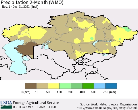 Kazakhstan Precipitation 2-Month (WMO) Thematic Map For 11/1/2021 - 12/31/2021