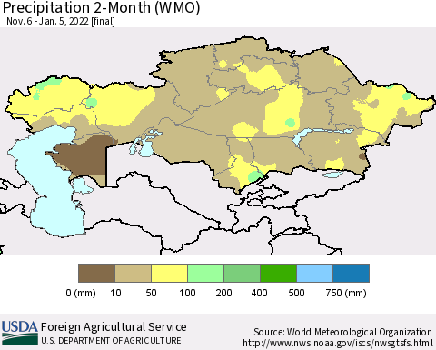 Kazakhstan Precipitation 2-Month (WMO) Thematic Map For 11/6/2021 - 1/5/2022