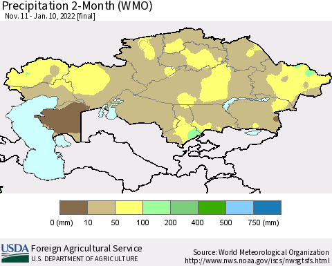 Kazakhstan Precipitation 2-Month (WMO) Thematic Map For 11/11/2021 - 1/10/2022
