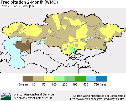Kazakhstan Precipitation 2-Month (WMO) Thematic Map For 11/21/2021 - 1/20/2022