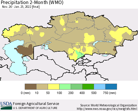 Kazakhstan Precipitation 2-Month (WMO) Thematic Map For 11/26/2021 - 1/25/2022