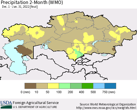 Kazakhstan Precipitation 2-Month (WMO) Thematic Map For 12/1/2021 - 1/31/2022