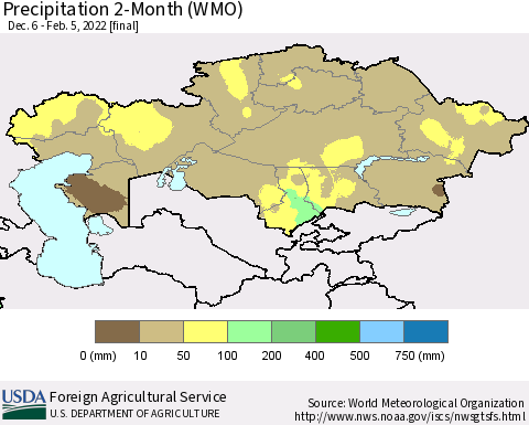 Kazakhstan Precipitation 2-Month (WMO) Thematic Map For 12/6/2021 - 2/5/2022