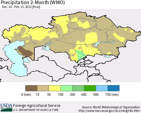 Kazakhstan Precipitation 2-Month (WMO) Thematic Map For 12/16/2021 - 2/15/2022