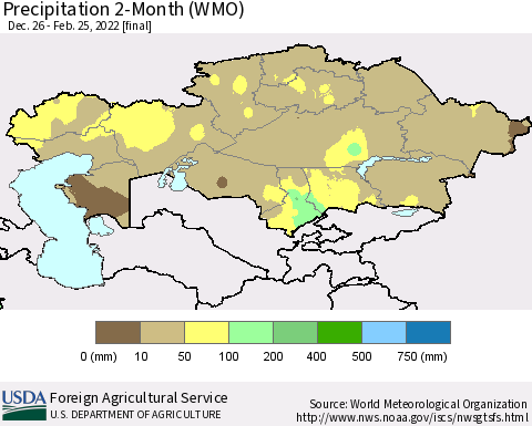 Kazakhstan Precipitation 2-Month (WMO) Thematic Map For 12/26/2021 - 2/25/2022