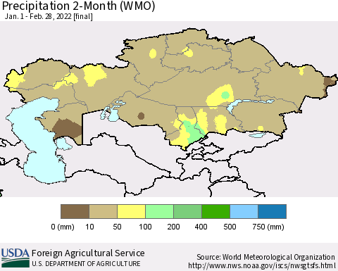 Kazakhstan Precipitation 2-Month (WMO) Thematic Map For 1/1/2022 - 2/28/2022