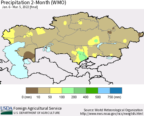 Kazakhstan Precipitation 2-Month (WMO) Thematic Map For 1/6/2022 - 3/5/2022