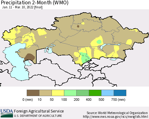 Kazakhstan Precipitation 2-Month (WMO) Thematic Map For 1/11/2022 - 3/10/2022