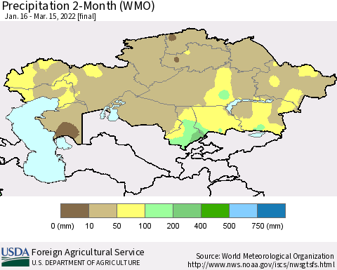 Kazakhstan Precipitation 2-Month (WMO) Thematic Map For 1/16/2022 - 3/15/2022