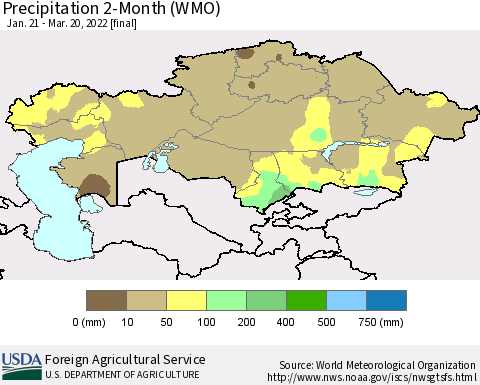 Kazakhstan Precipitation 2-Month (WMO) Thematic Map For 1/21/2022 - 3/20/2022