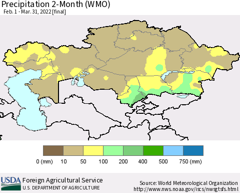 Kazakhstan Precipitation 2-Month (WMO) Thematic Map For 2/1/2022 - 3/31/2022