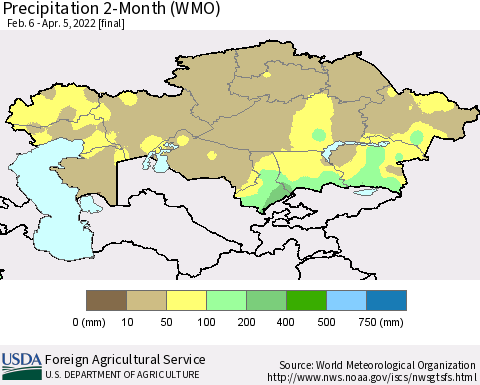 Kazakhstan Precipitation 2-Month (WMO) Thematic Map For 2/6/2022 - 4/5/2022