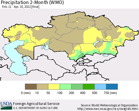 Kazakhstan Precipitation 2-Month (WMO) Thematic Map For 2/11/2022 - 4/10/2022