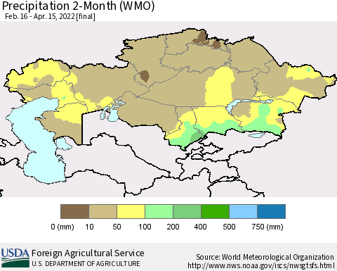 Kazakhstan Precipitation 2-Month (WMO) Thematic Map For 2/16/2022 - 4/15/2022