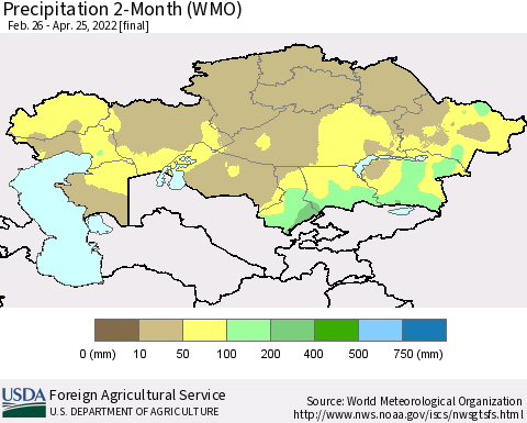 Kazakhstan Precipitation 2-Month (WMO) Thematic Map For 2/26/2022 - 4/25/2022