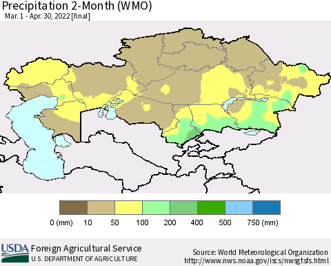 Kazakhstan Precipitation 2-Month (WMO) Thematic Map For 3/1/2022 - 4/30/2022