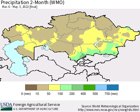 Kazakhstan Precipitation 2-Month (WMO) Thematic Map For 3/6/2022 - 5/5/2022