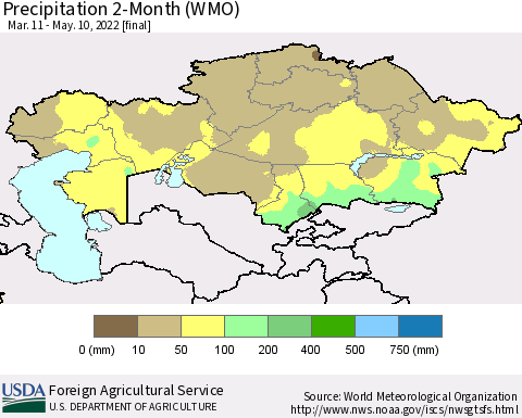 Kazakhstan Precipitation 2-Month (WMO) Thematic Map For 3/11/2022 - 5/10/2022