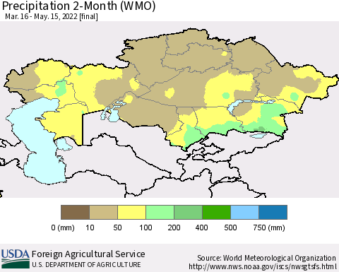 Kazakhstan Precipitation 2-Month (WMO) Thematic Map For 3/16/2022 - 5/15/2022