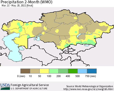 Kazakhstan Precipitation 2-Month (WMO) Thematic Map For 3/21/2022 - 5/20/2022