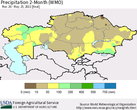 Kazakhstan Precipitation 2-Month (WMO) Thematic Map For 3/26/2022 - 5/25/2022