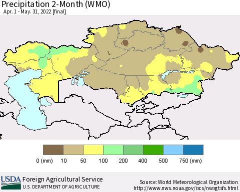 Kazakhstan Precipitation 2-Month (WMO) Thematic Map For 4/1/2022 - 5/31/2022