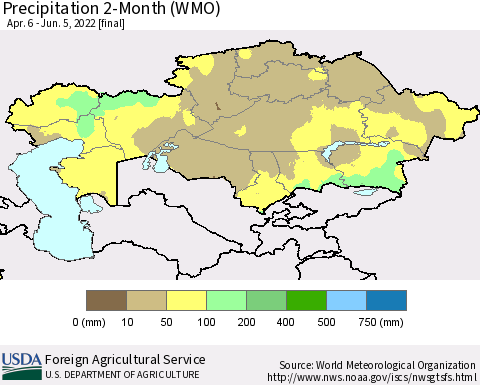 Kazakhstan Precipitation 2-Month (WMO) Thematic Map For 4/6/2022 - 6/5/2022