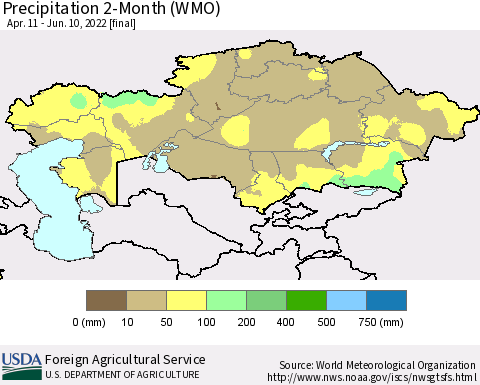 Kazakhstan Precipitation 2-Month (WMO) Thematic Map For 4/11/2022 - 6/10/2022