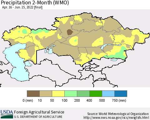 Kazakhstan Precipitation 2-Month (WMO) Thematic Map For 4/16/2022 - 6/15/2022
